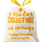 White small drawstring trash bag printed with golden Christmas winter holiday pattern for bathroom and kitchen waste bin