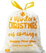 White small drawstring trash bag printed with golden Christmas winter holiday pattern for bathroom and kitchen waste bin