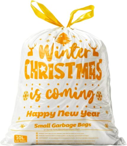 White small drawstring trash bag printed with golden Christmas winter holiday pattern for bathroom and kitchen waste bin