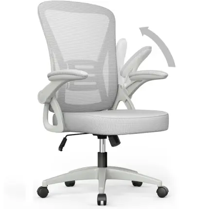 Light gray mesh ergonomic office chair with flip up armrest height adjustable for home desk work study