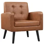Brown tufted faux leather mid century accent arm chair with black tapered legs for home indoor seating
