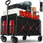 Black folding utility wagon cart with 500 lbs weight capacity, side cup holders, swivel wheels loaded with outdoor storage containers and travel bags