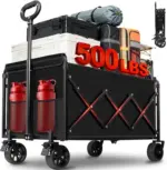 Black folding utility wagon cart with 500 lbs weight capacity, side cup holders, swivel wheels loaded with outdoor storage containers and travel bags