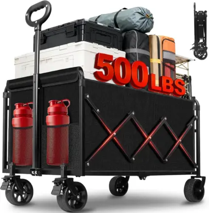 Black folding utility wagon cart with 500 lbs weight capacity, side cup holders, swivel wheels loaded with outdoor storage containers and travel bags