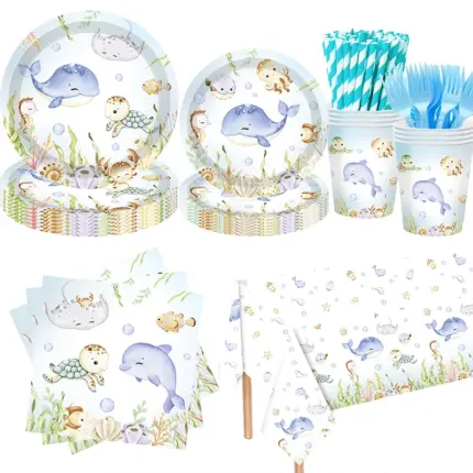 Watercolor ocean sea animal printed disposable party tableware set including paper plates, cups, napkins, plastic forks and paper straws for kids birthday party decoration
