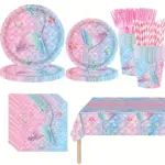 Pastel mermaid tail disposable party tableware set, paper plates cups napkins tablecloth for girls mermaid birthday party decor