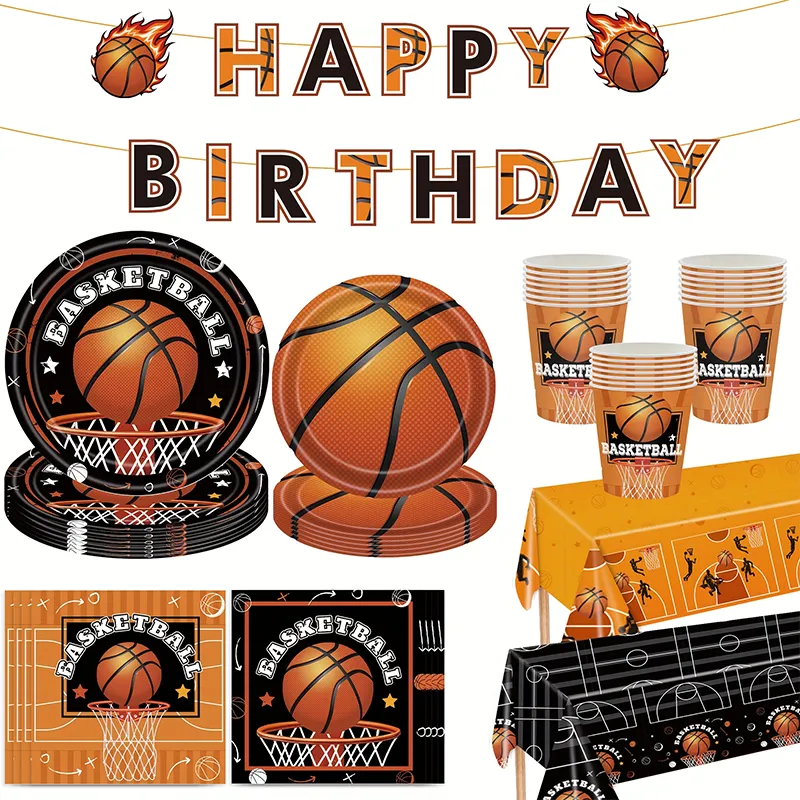 Basketball printed birthday party tableware and decoration set for sports themed birthday party layout