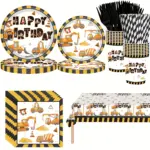 Construction Truck Themed Disposable Birthday Party Tableware Set, Paper Plates Cups Napkins Tablecloth for Kids Boy Birthday Decorations