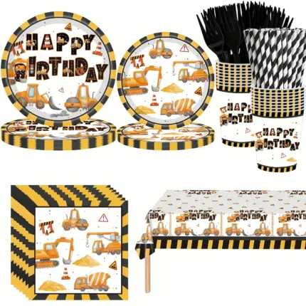 Construction Truck Themed Disposable Birthday Party Tableware Set, Paper Plates Cups Napkins Tablecloth for Kids Boy Birthday Decorations