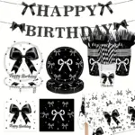Black and white coquette bow themed birthday party tableware set with banner, plates, cups, napkins and tablecloth for 24 guests celebration