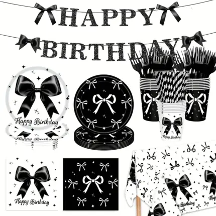 Black and white coquette bow themed birthday party tableware set with banner, plates, cups, napkins and tablecloth for 24 guests celebration