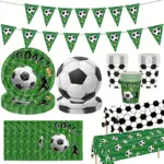Green field style football themed party kit including pennant banner, paper plates, disposable cups and printed tablecloth for kids soccer birthday party decoration