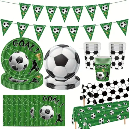 Green field style football themed party kit including pennant banner, paper plates, disposable cups and printed tablecloth for kids soccer birthday party decoration