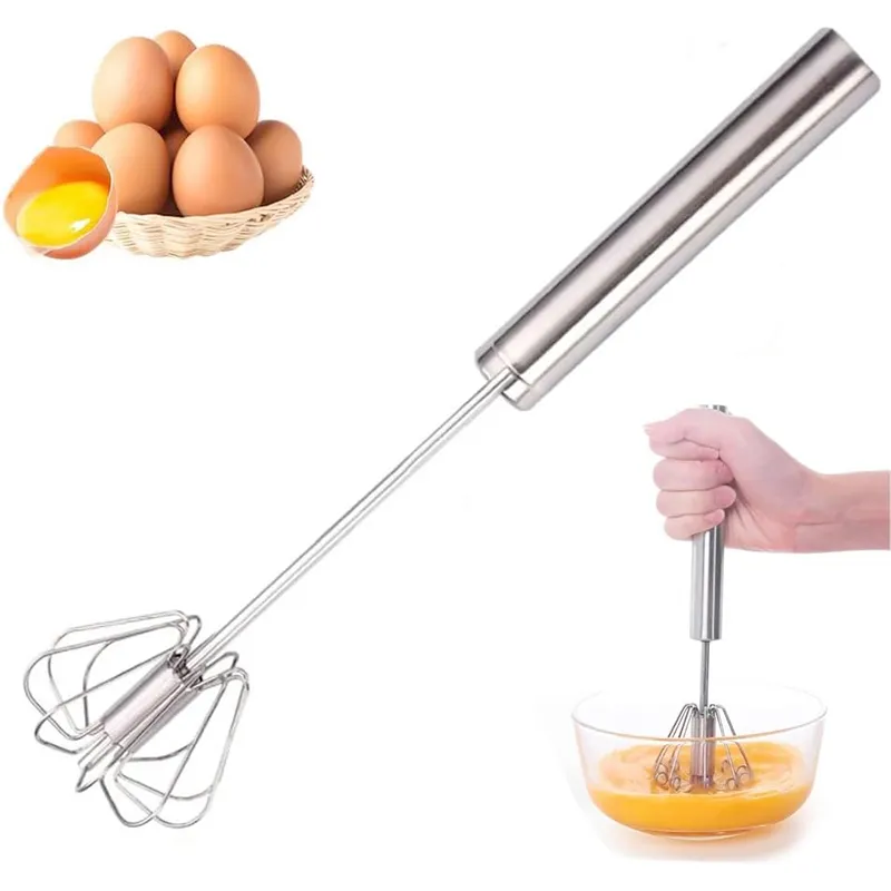 Semi-Automatic Stainless Steel Hand Push Egg Whisk Kitchen Mixer Stainless steel semi-automatic rotary egg whisk, handheld manual mixer used for beating eggs in glass bowl with raw eggs as baking kitchen accessory