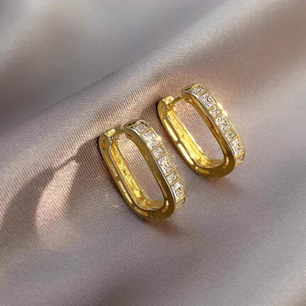 Gold Rectangular Huggie Hoop Earrings Paved Princess Cut Crystals, Geometric Diamond Ear Jewelry for Daily Office Party Outfits