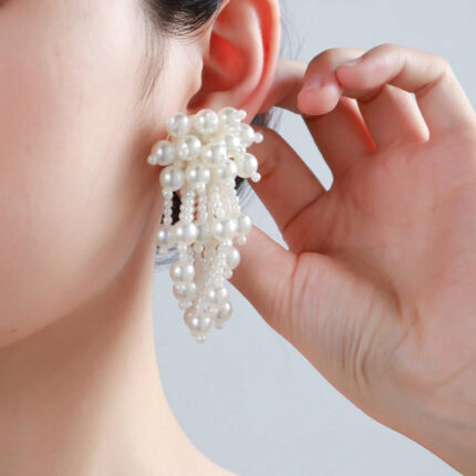 Fluffy Cluster Multi-Size Pearl Long Tassel Dangle Earrings, Romantic Bridal Statement Jewelry for Wedding Banquet