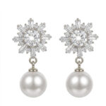 Sunburst Snowflake Cubic Zirconia Stud Drop Earrings with Round Pearl Pendant, Elegant Floral Bridal Jewelry for Wedding Banquet
