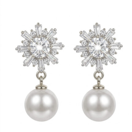 Sunburst Snowflake Cubic Zirconia Stud Drop Earrings with Round Pearl Pendant, Elegant Floral Bridal Jewelry for Wedding Banquet