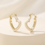 Irregular Hollow Heart Huggie Hoop Earrings with Cream Enamel & Inner Paved Zircons, Sweet Daily Dating Office Jewelry