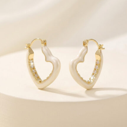 Irregular Hollow Heart Huggie Hoop Earrings with Cream Enamel & Inner Paved Zircons, Sweet Daily Dating Office Jewelry