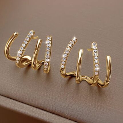 Multi-Layer Irregular Wavy Claw Gold Stud Earrings with Zircon Inlaid Curved Bar, Minimalist Geometric Jewelry for Daily Office Dating Outfits