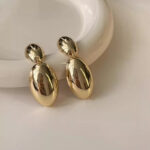 Glossy Polished Gold Double Oval Drop Dangle Earrings, Minimalist Metal Statement Earrings for Daily Office Date Outfits