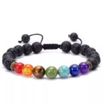 Adjustable Braided Black Lava Rock Beaded Bracelet with 7 Chakra Healing Crystal Stones for Meditation Aromatherapy Stress Relief