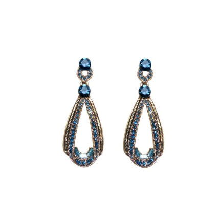Antique Gold Teardrop Hollow Dangle Earrings Inlaid Blue Rhinestones, Vintage Drop Earrings for Wedding Party Evening Outfit