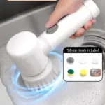 White handheld electric cleaning scrubber with 5 interchangeable brush heads for kitchen sink, bathroom multi-surface stain cleaning