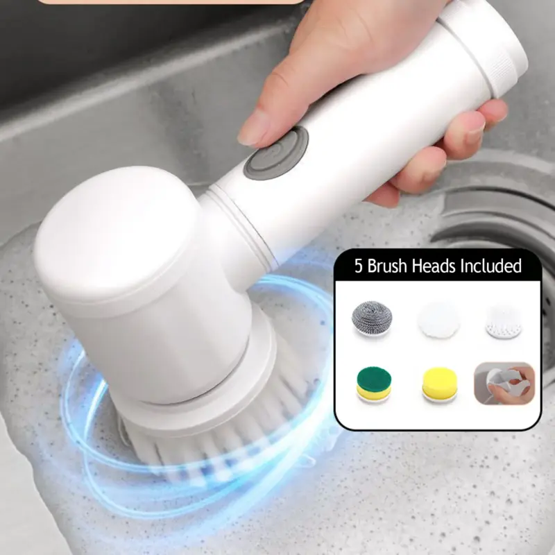 White handheld electric cleaning scrubber with 5 interchangeable brush heads for kitchen sink, bathroom multi-surface stain cleaning