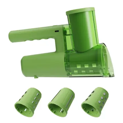 Green handheld multi-blade vegetable noodle maker with interchangeable rollers, manual potato carrot slicer spiral cutter for home kitchen cooking