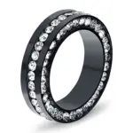 Black ceramic double row cubic zirconia band ring, shiny full circle crystal wedding band jewelry for men women daily wear