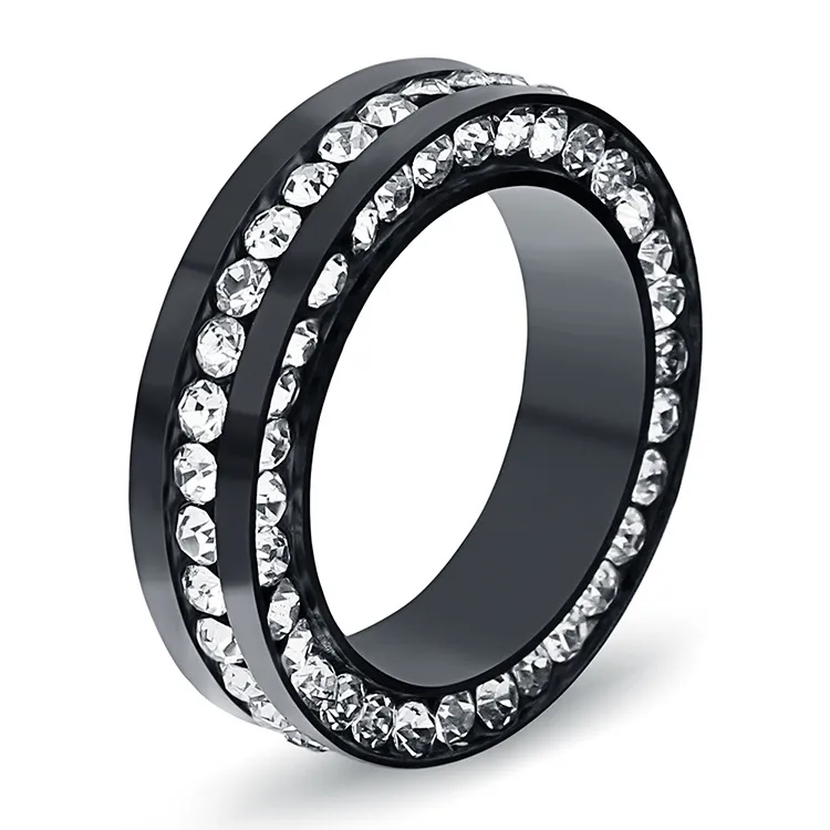 Black ceramic double row cubic zirconia band ring, shiny full circle crystal wedding band jewelry for men women daily wear