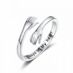 Adjustable silver hug hand open ring engraved with "Always in My Heart", minimalist sentimental promise finger jewelry as romantic anniversary and Valentine's Day gift for women and couples