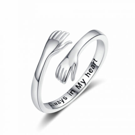 Adjustable silver hug hand open ring engraved with "Always in My Heart", minimalist sentimental promise finger jewelry as romantic anniversary and Valentine's Day gift for women and couples