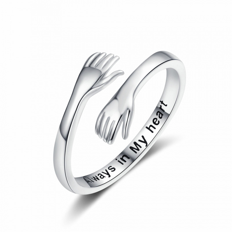Adjustable silver hug hand open ring engraved with "Always in My Heart", minimalist sentimental promise finger jewelry as romantic anniversary and Valentine's Day gift for women and couples