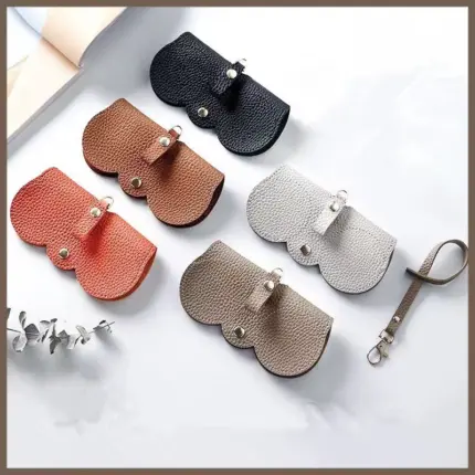 Multi-color scalloped leather sunglasses case with detachable wrist strap, portable scratch-resistant eyewear pouch for travel daily use