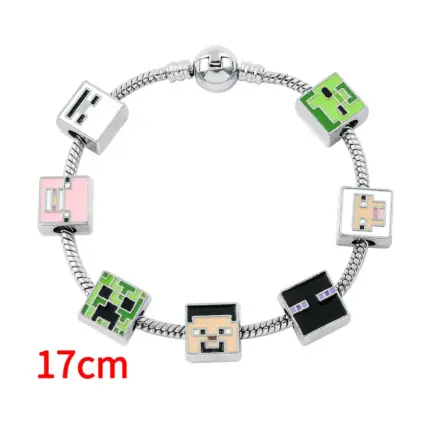 Silver snake chain charm bracelet decorated with Minecraft pixel pattern beads, available in 17cm and 19cm adjustable sizes=