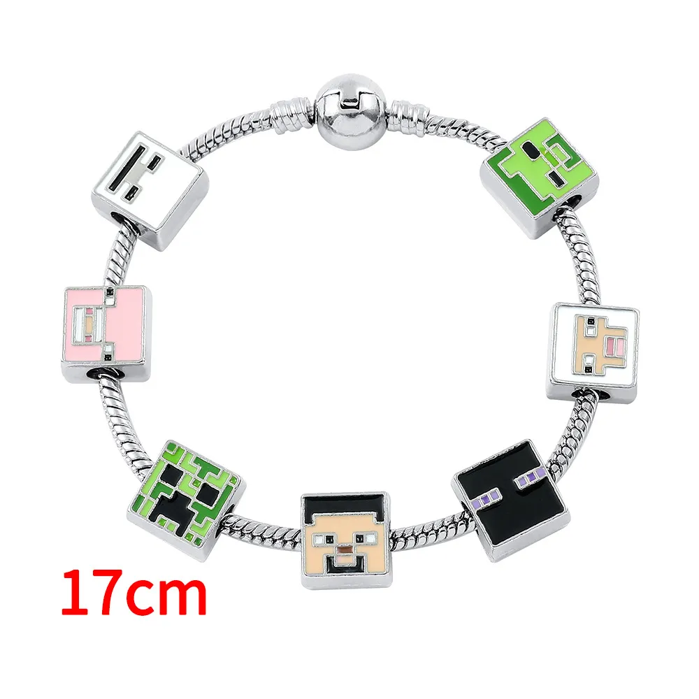 Minecraft Themed DIY Snake Chain Charm Bracelet, Pixel Game Beaded Bracelet Silver snake chain charm bracelet decorated with Minecraft pixel pattern beads, available in 17cm and 19cm adjustable sizes=