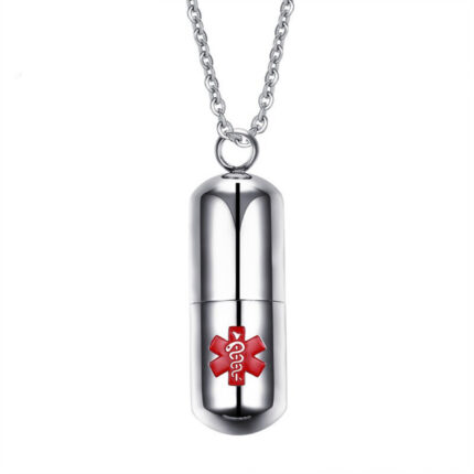 Polished stainless steel openable pill pendant necklace engraved with red medical alert symbol, wearable emergency identification jewelry for daily safety protection and medical