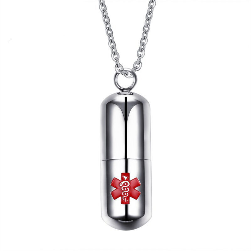 Polished stainless steel openable pill pendant necklace engraved with red medical alert symbol, wearable emergency identification jewelry for daily safety protection and medical