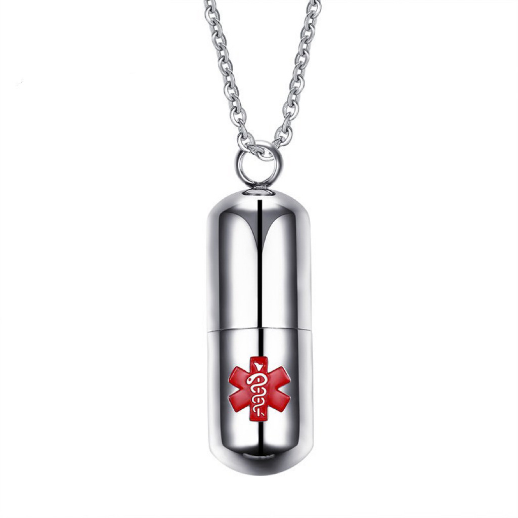 Stainless Steel Openable Pill Shaped Medical Alert Emergency ID Pendant Necklace Polished stainless steel openable pill pendant necklace engraved with red medical alert symbol, wearable emergency identification jewelry for daily safety protection and medical