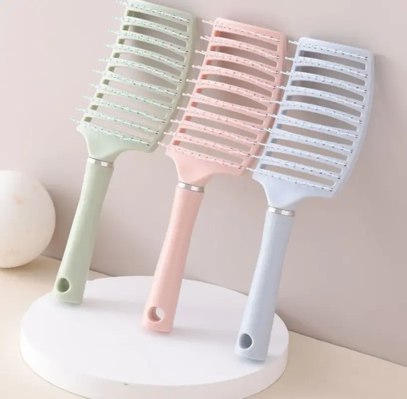 Macaron color hollow curved vent hair brush, anti-static detangling paddle comb for long thick hair styling
