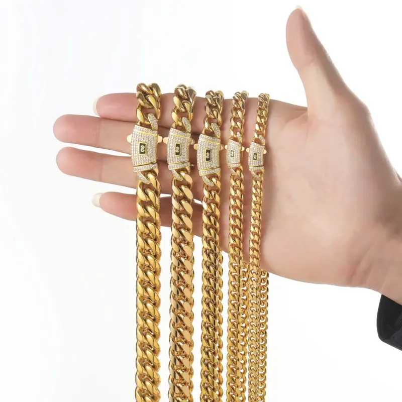 Multi Width Gold Plated Miami Cuban Link Chain, Stainless Steel Thick Curb Necklace for Men Hip Hop Daily Jewelry