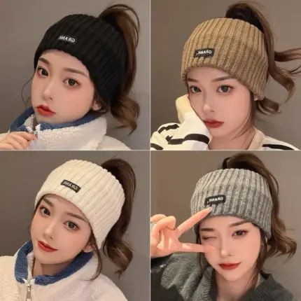 4 Colors Ribbed Knit Ponytail Headbands, Stretch Warm Knitted Hair Band for Daily Sports Hair Styling