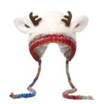 Fluffy white knit ear flap hat with reindeer antlers and colorful braided tassels, warm cute winter hat for Christmas daily outdoor wear