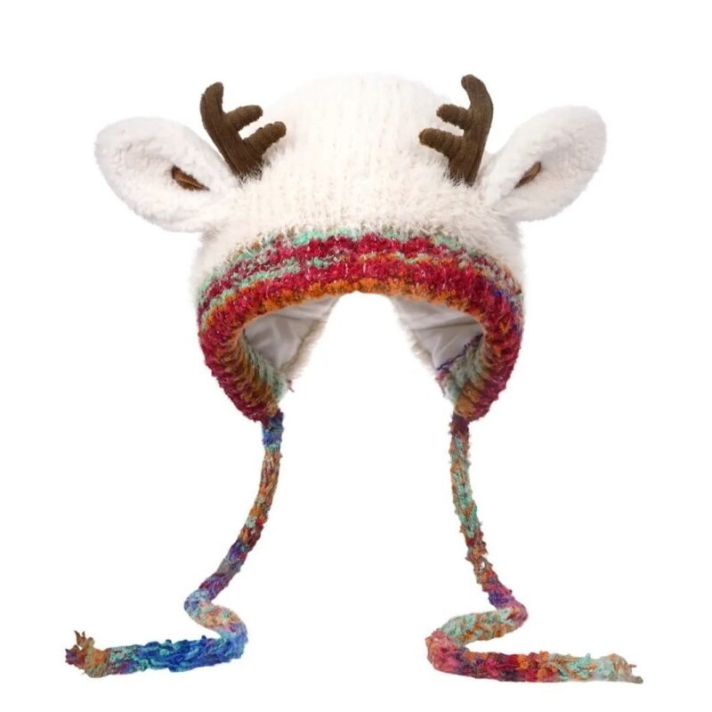 Fluffy white knit ear flap hat with reindeer antlers and colorful braided tassels, warm cute winter hat for Christmas daily outdoor wear