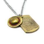 Bronze alloy One Piece double pendant necklace, designed with Luffy classic straw hat charm and engraved wanted poster dog tag, silver link chain anime cosplay jewelry gift for One Piece fans.