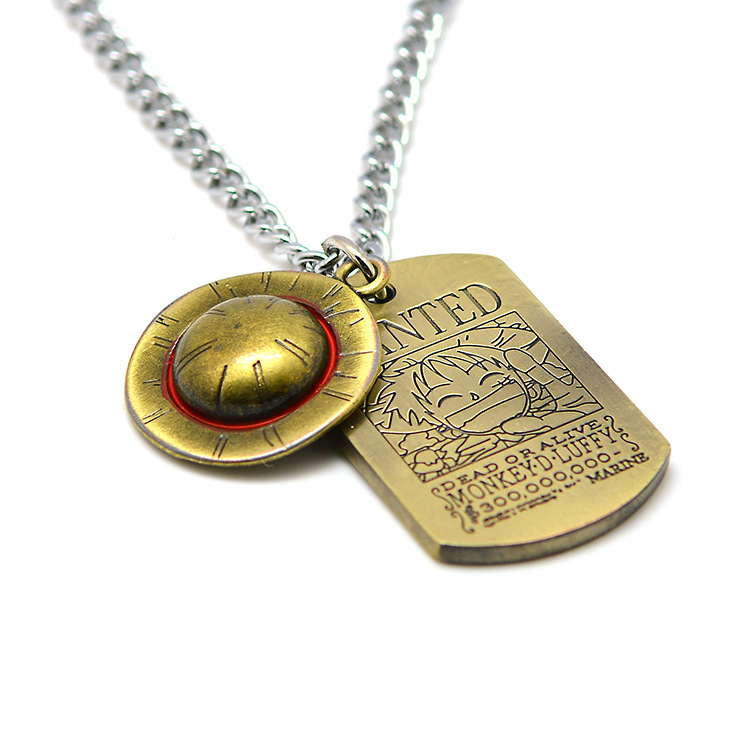 Bronze alloy One Piece double pendant necklace, designed with Luffy classic straw hat charm and engraved wanted poster dog tag, silver link chain anime cosplay jewelry gift for One Piece fans.