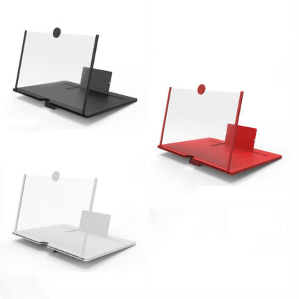 Foldable HD phone screen magnifier stands in black, red and white, designed to enlarge mobile display for comfortable movie watching and home leisure use